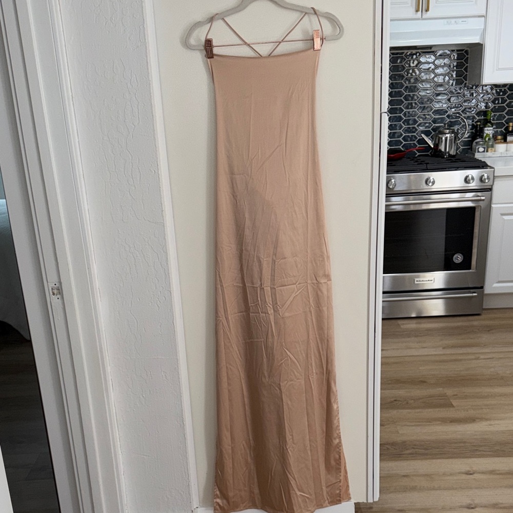 Open Edit Satin Slip Maxi Dress in Nude with Strappy Back and side slits | L
